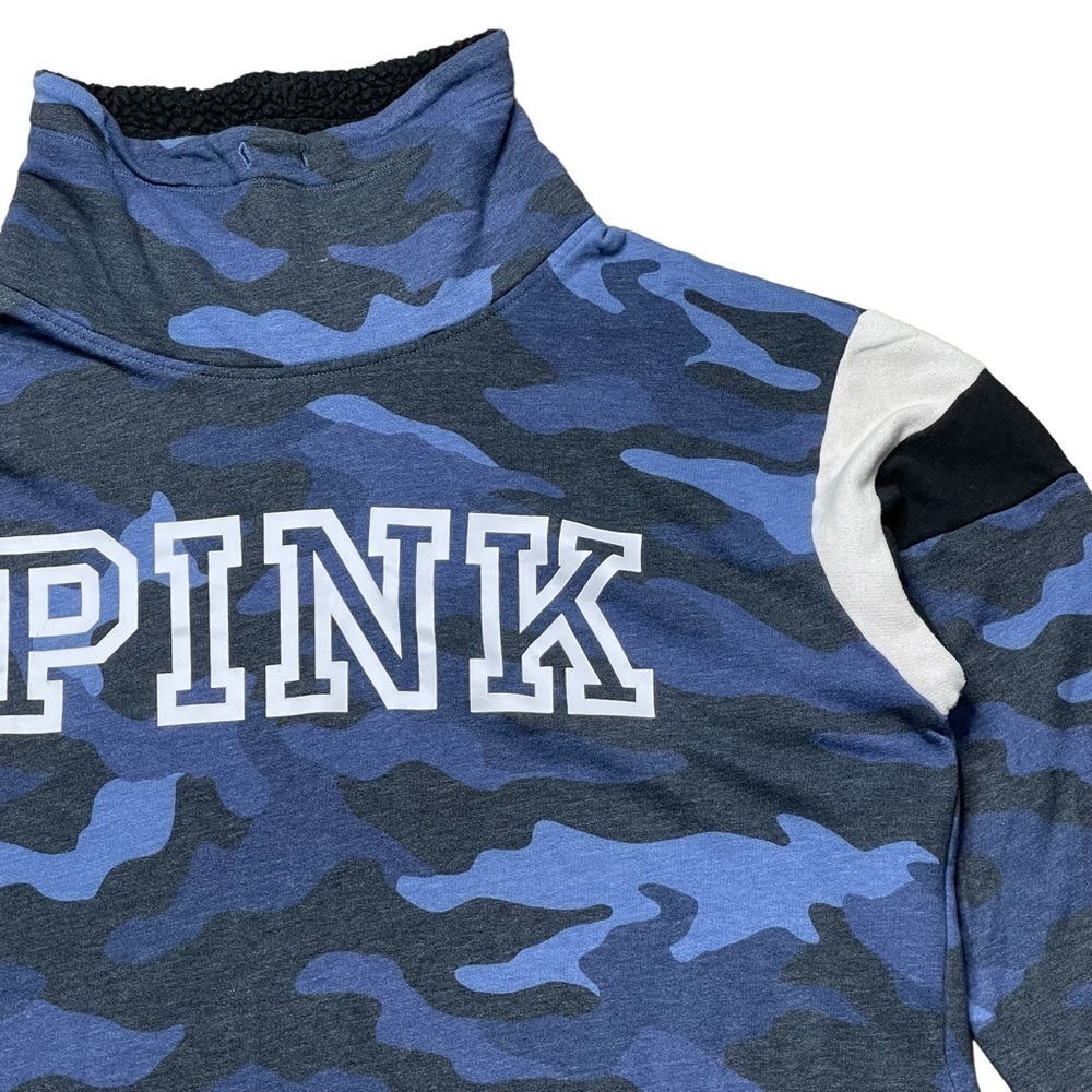 Pink Victorias Secret Sweatshirt Large Blue Camo Sherpa Funnel Neck Pullover - Picture 3 of 13